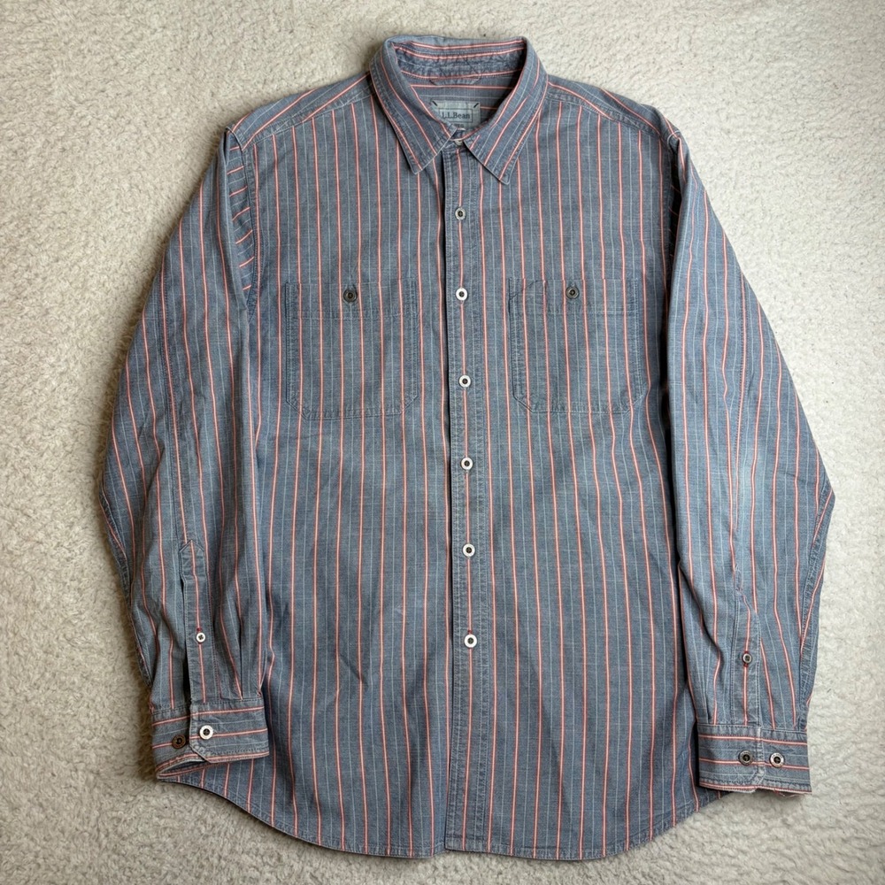 LL Bean Mens Blue Red hickory Striped Cotton work Shirt M Reg 266089